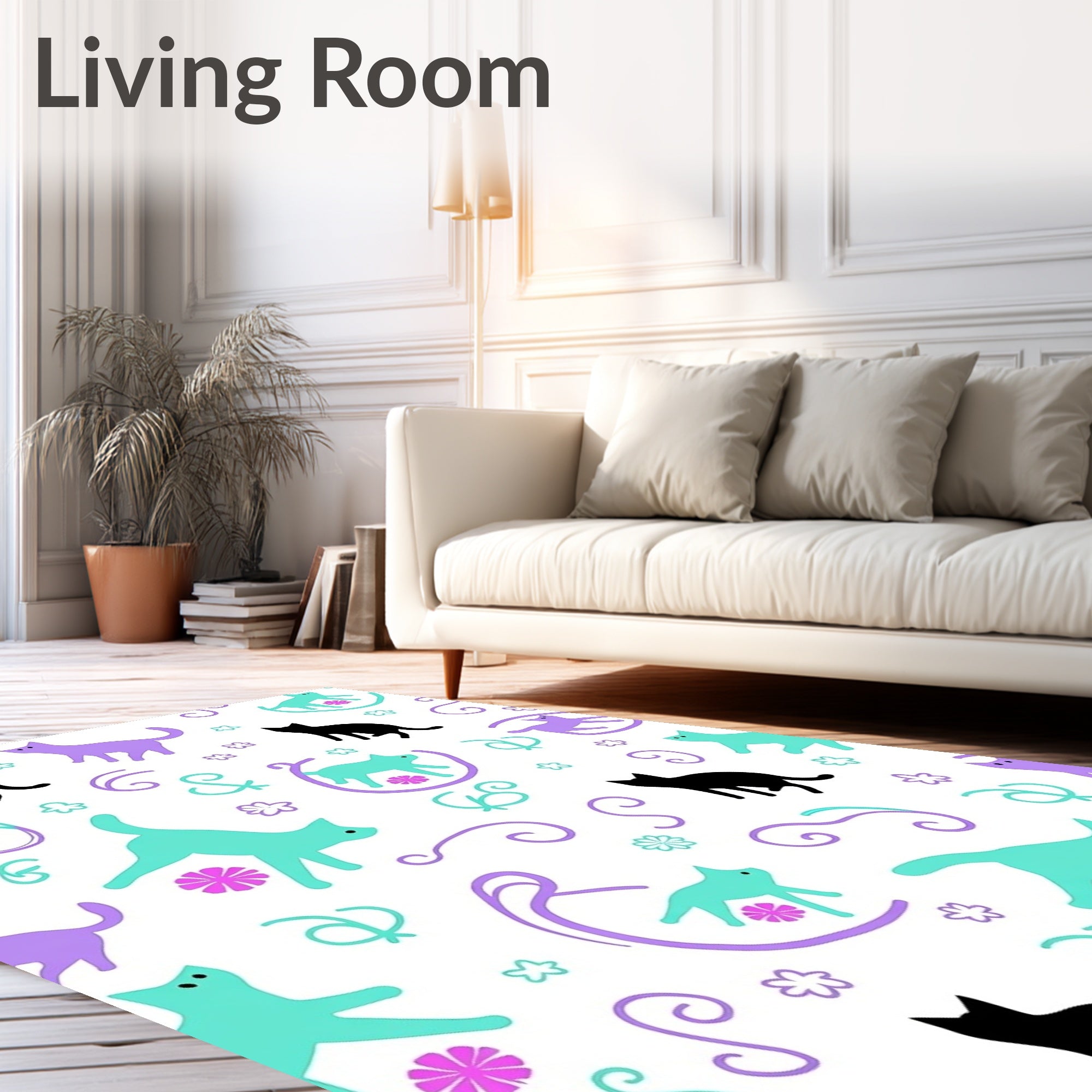 Whimsical Teal Purple Black Cat Swirls Rug