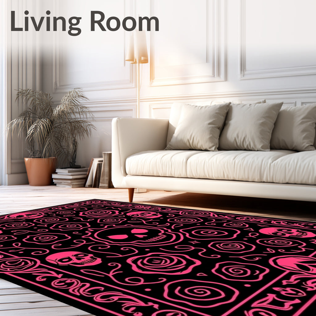 Hot Pink Skulls Roses Frame Rug
