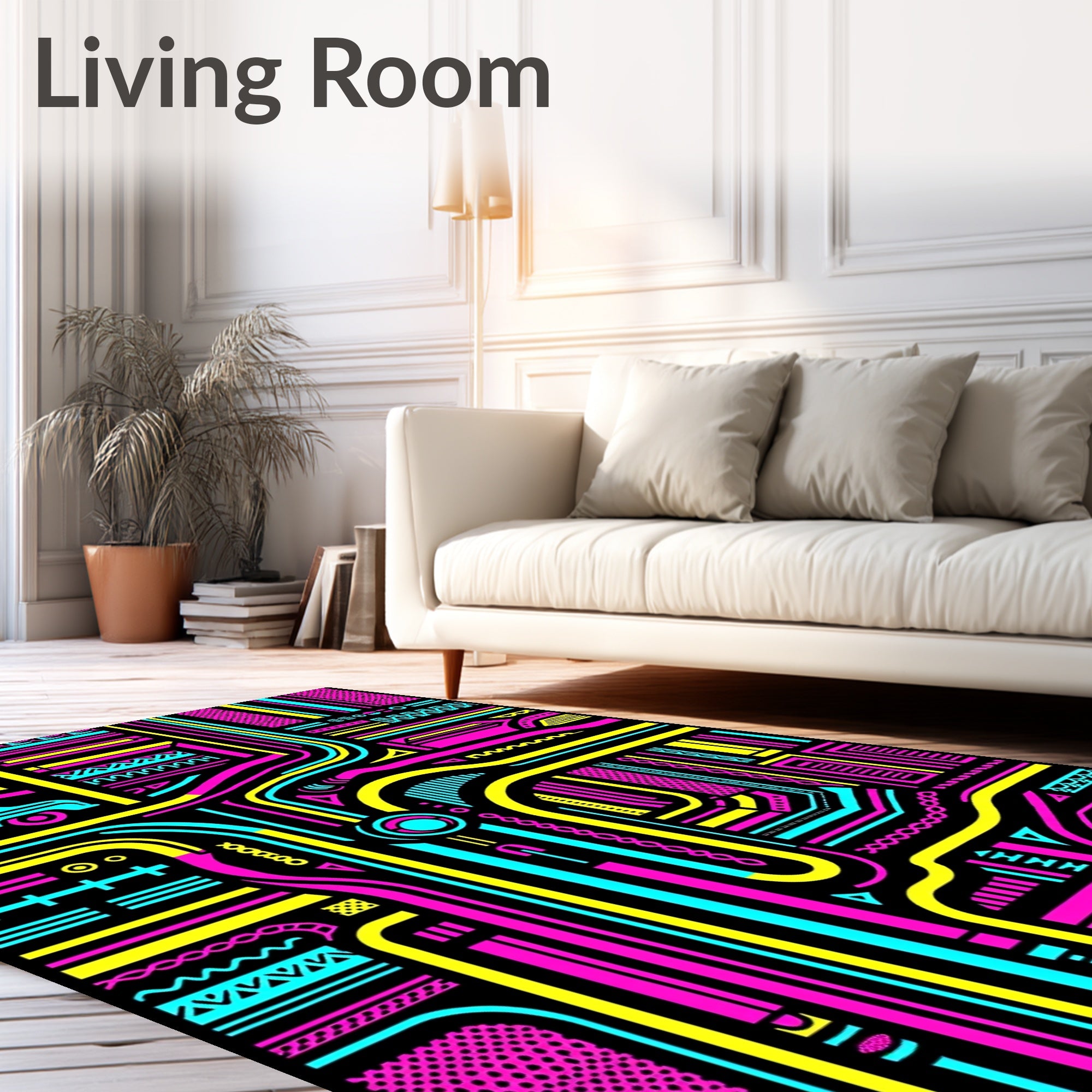 Retro Cyan Pink Yellow Geometric Circuit Rug