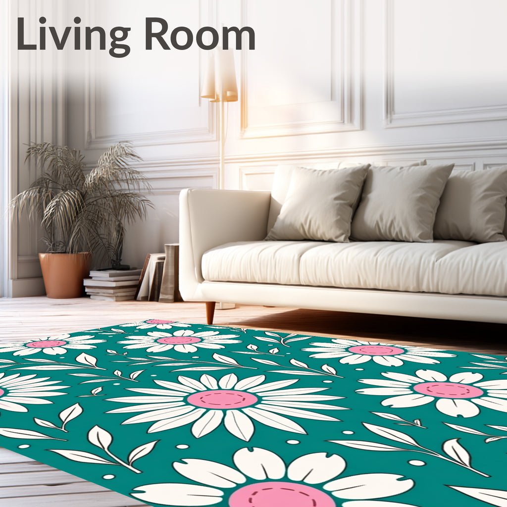 Retro White Daisy Teal Background Rug