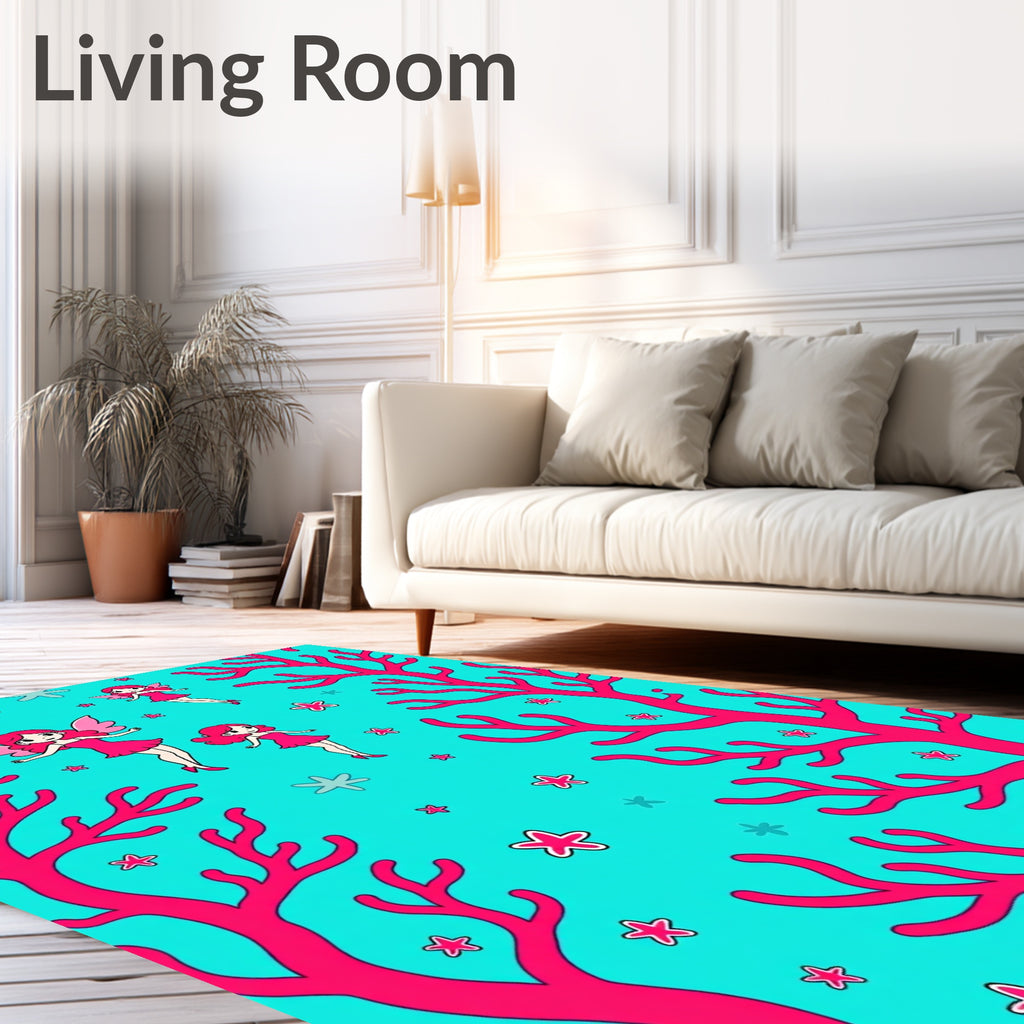 Whimsical Coral Fairies Turquoise Rug