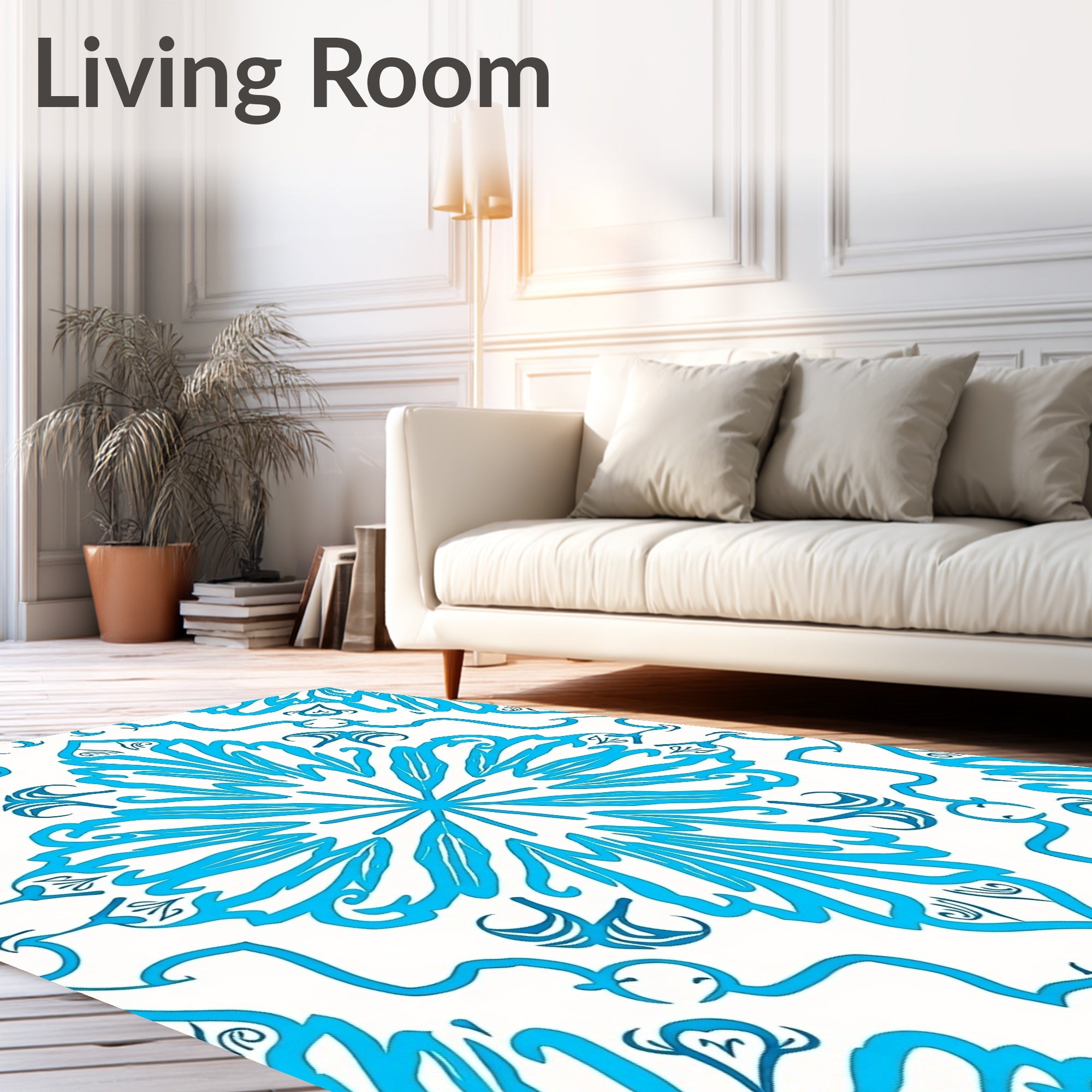 Bright Cyan Floral Medallion Rug