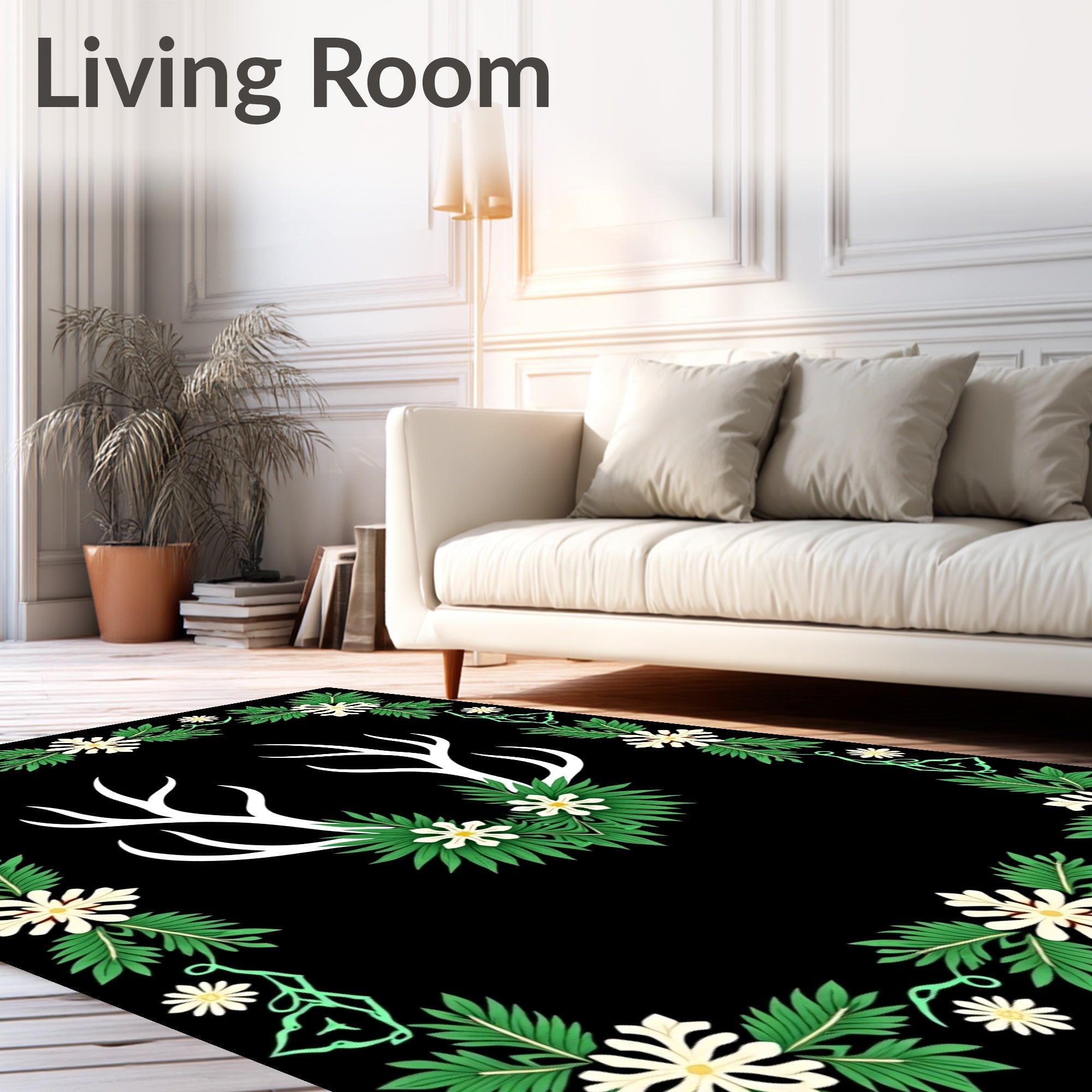 White Antlers Green Floral Border Rug