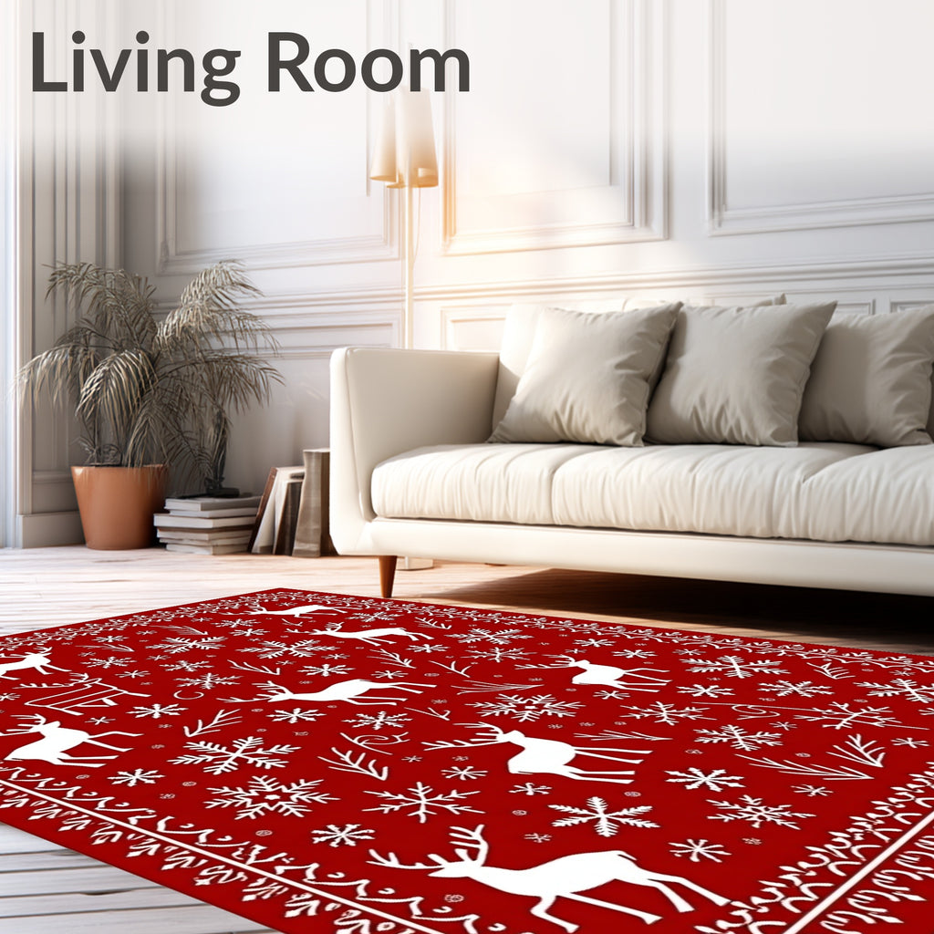 Festive Red White Reindeer Snowflakes Border Rug