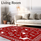 Festive Red White Reindeer Snowflakes Border Rug