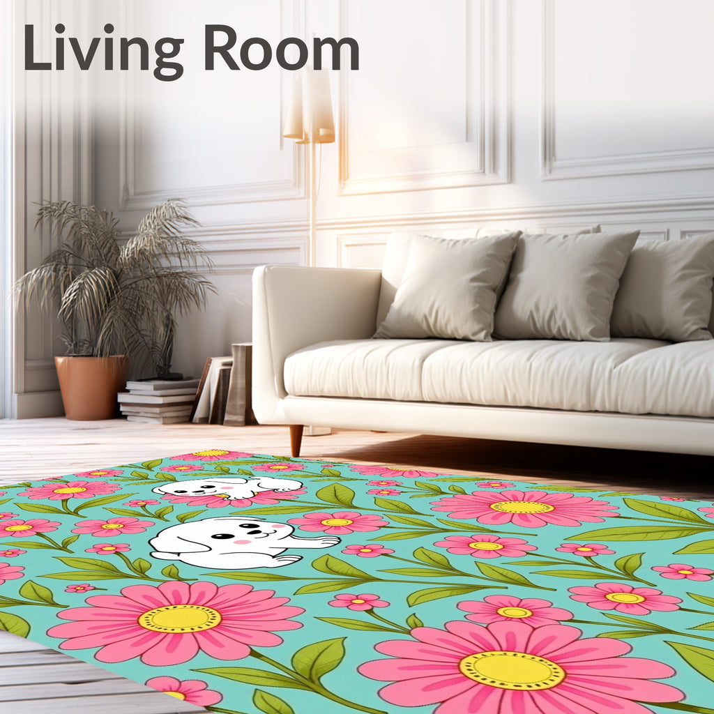 Cute puppies pink flowers aqua background Rug