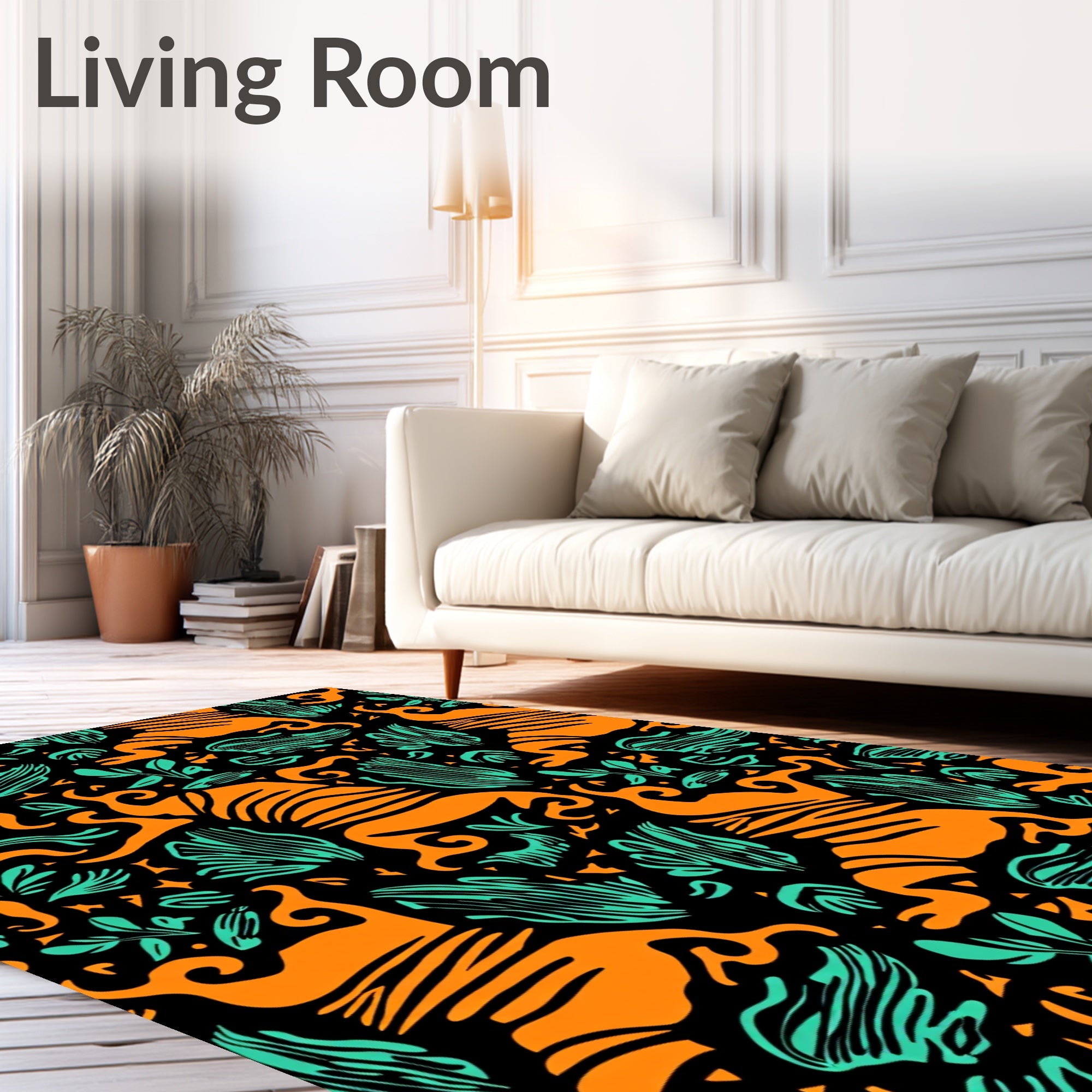 Vibrant Orange Tiger Jungle Foliage Rug