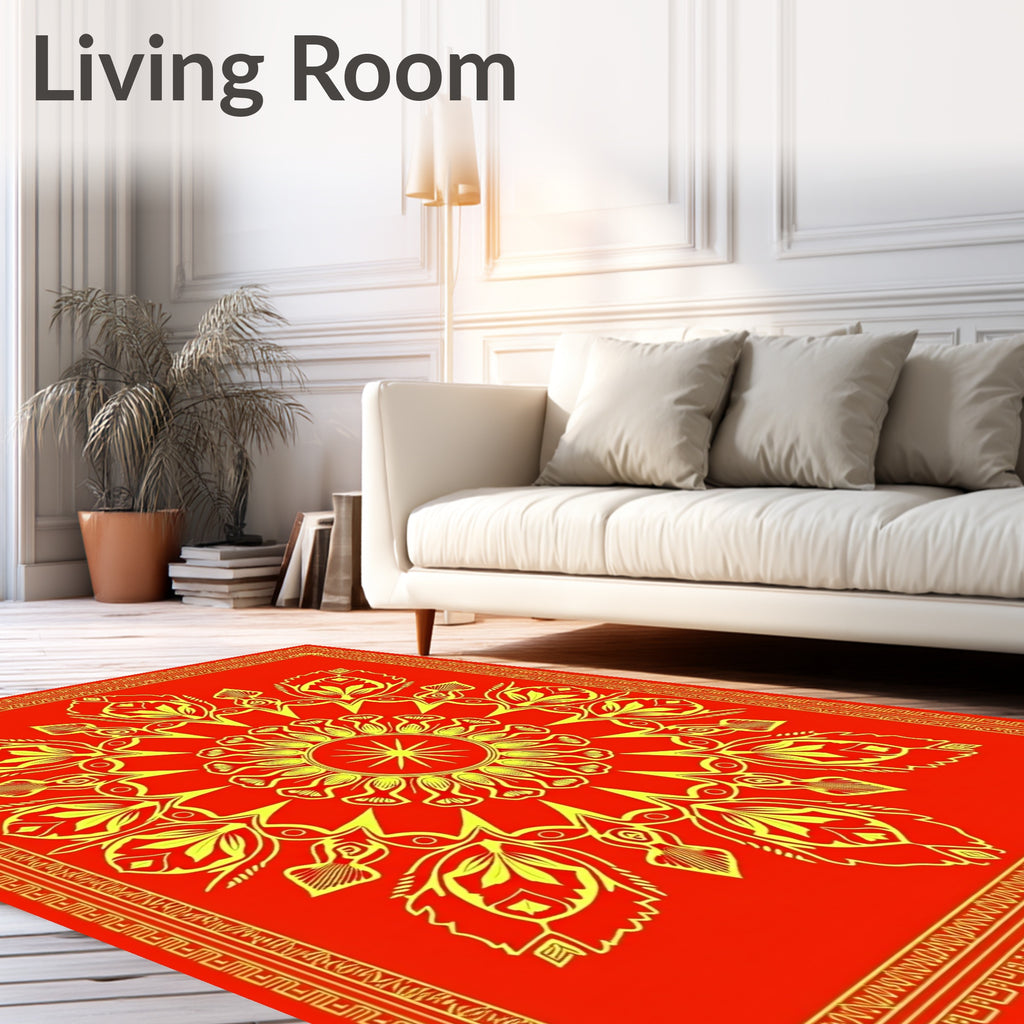 Crimson Golden Radial Blossom Border Rug