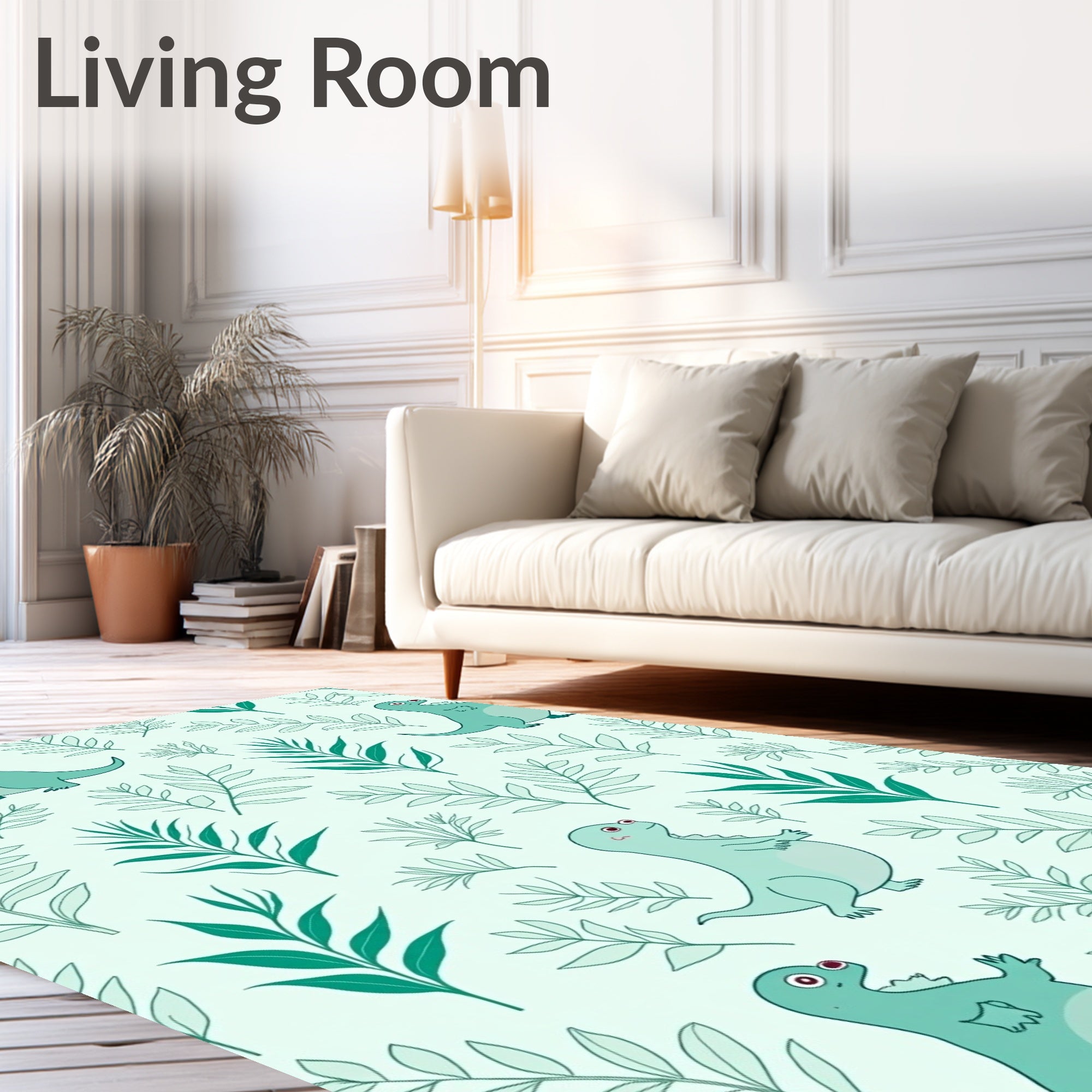 Teal Dinosaur Foliage Botanical Arrangement Rug