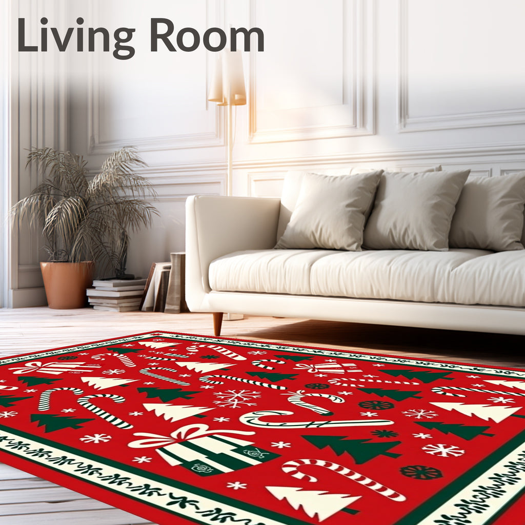 Red Green Christmas Trees Candy Canes Gifts Rug
