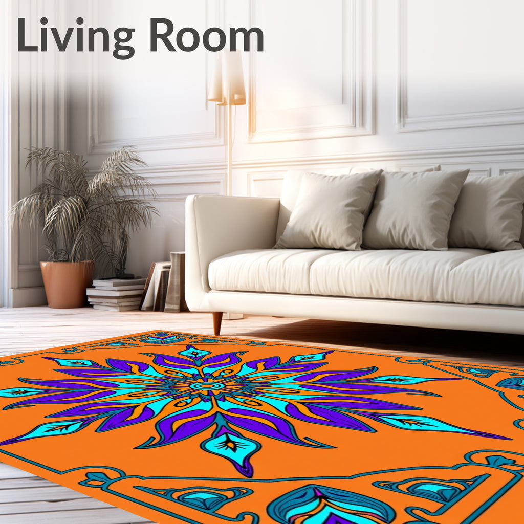 Vibrant Teal Purple Floral Medallion Orange Rug