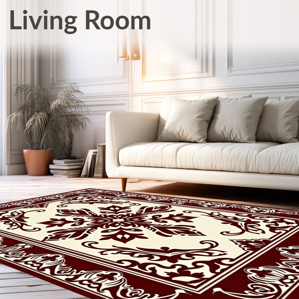 Rich Crimson Scrollwork Centered Artwork Rug