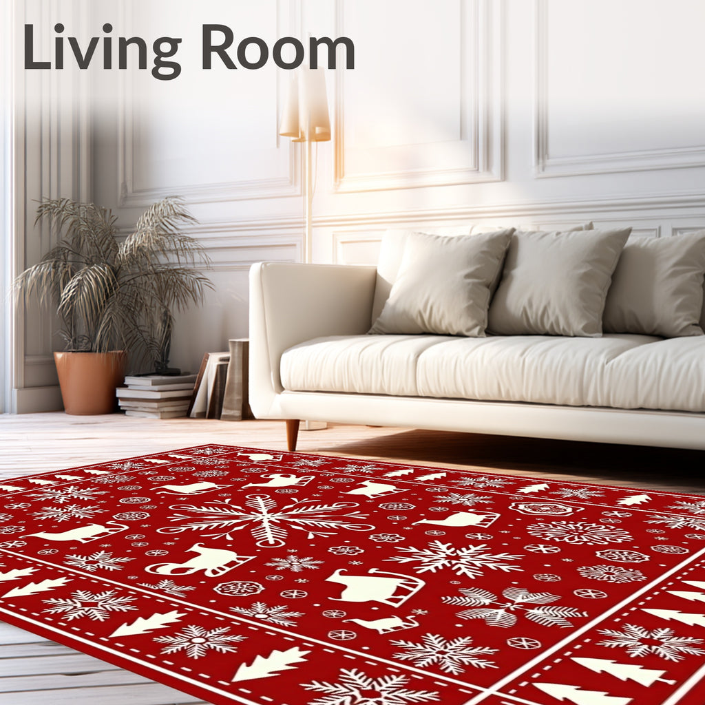 Red White Winter Sleigh Snowflake Trees Rug