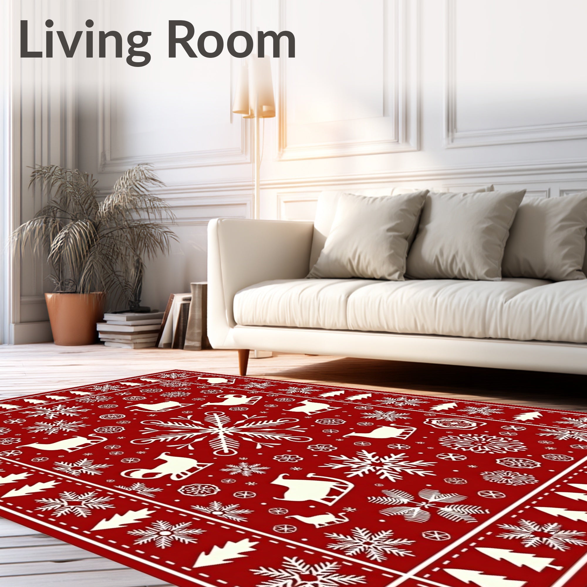 Red White Winter Sleigh Snowflake Trees Rug