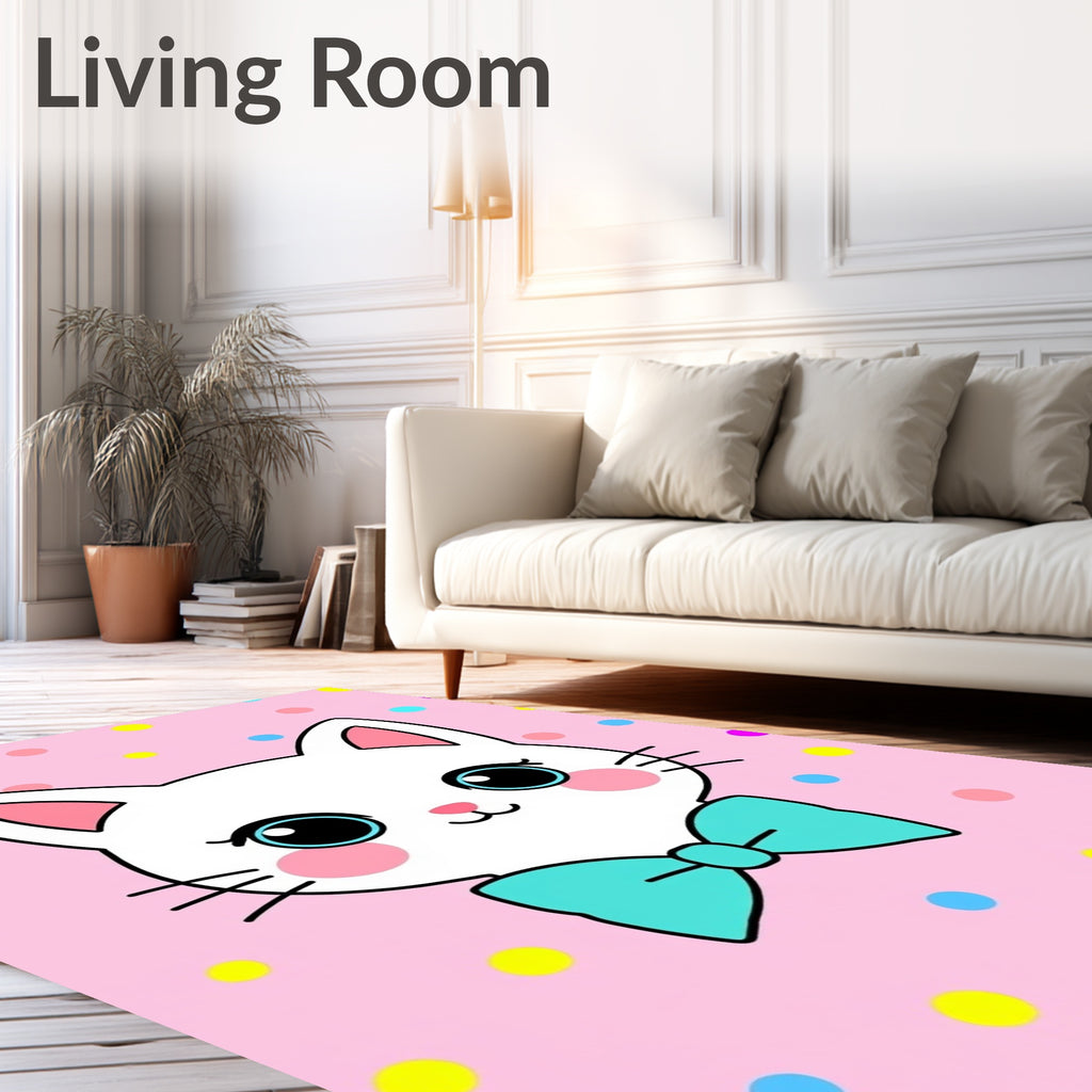 Cute White Cat Teal Bow Polka Dot Pink Rug