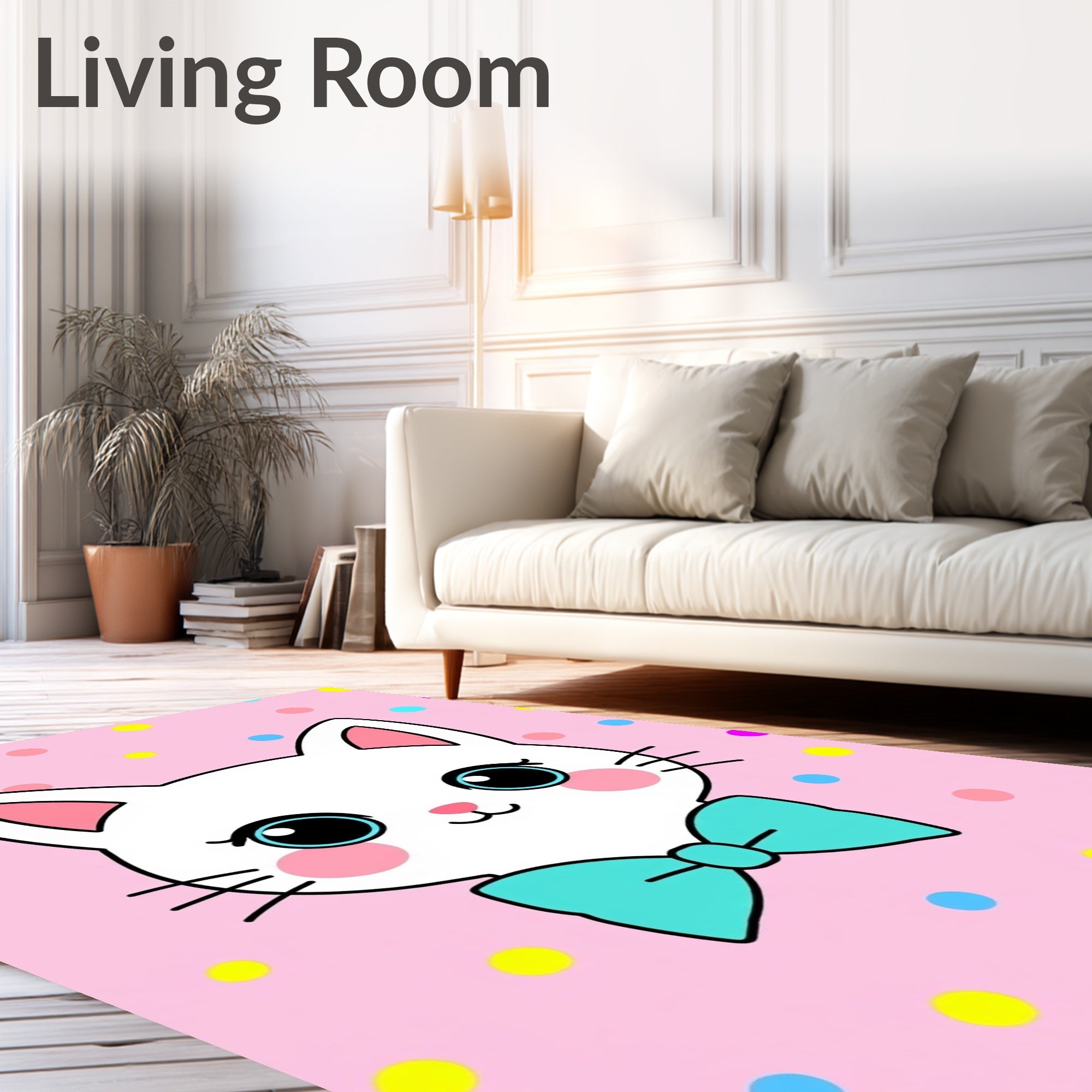Cute White Cat Teal Bow Polka Dot Pink Rug