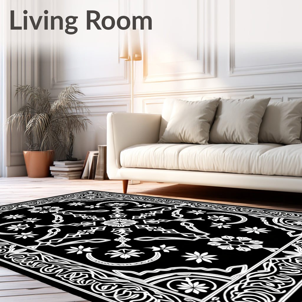 Classic Black White Floral Medallion Border Rug