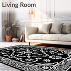 Classic Black White Floral Medallion Border Rug