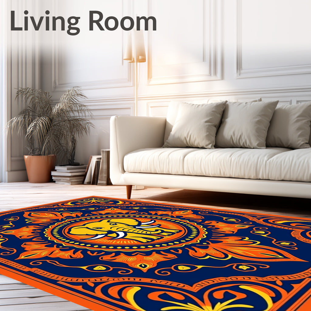 Vibrant Elephant Mandala Navy Orange Rug