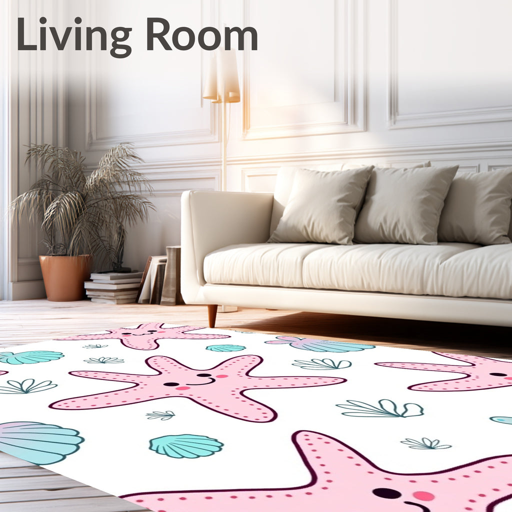 Cute Pink Starfish And Teal Shells Rug