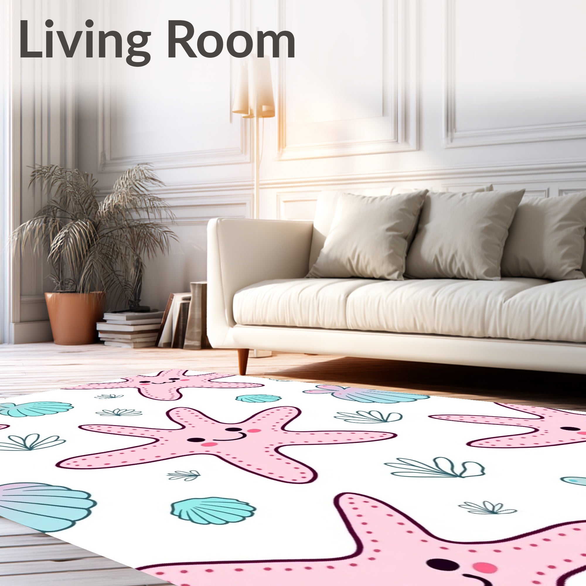 Cute Pink Starfish And Teal Shells Rug