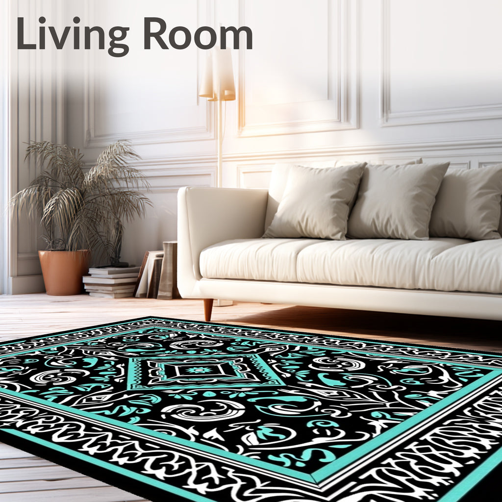 Bold Black Teal Intricate Medallion Rug