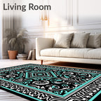 Bold Black Teal Intricate Medallion Rug