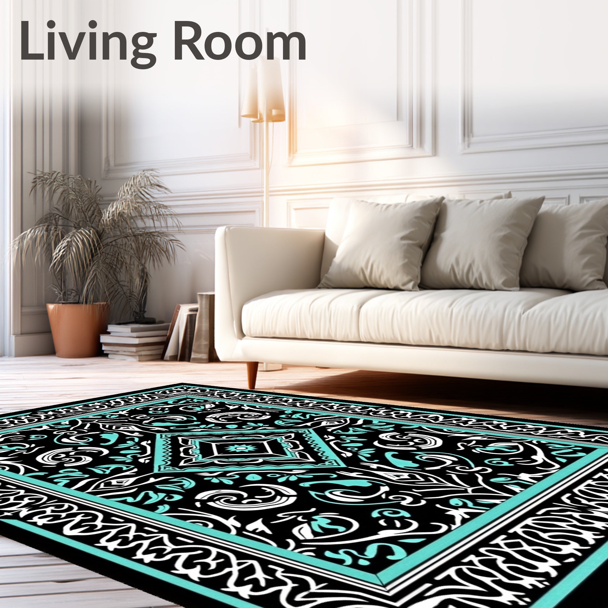 Bold Black Teal Intricate Medallion Rug