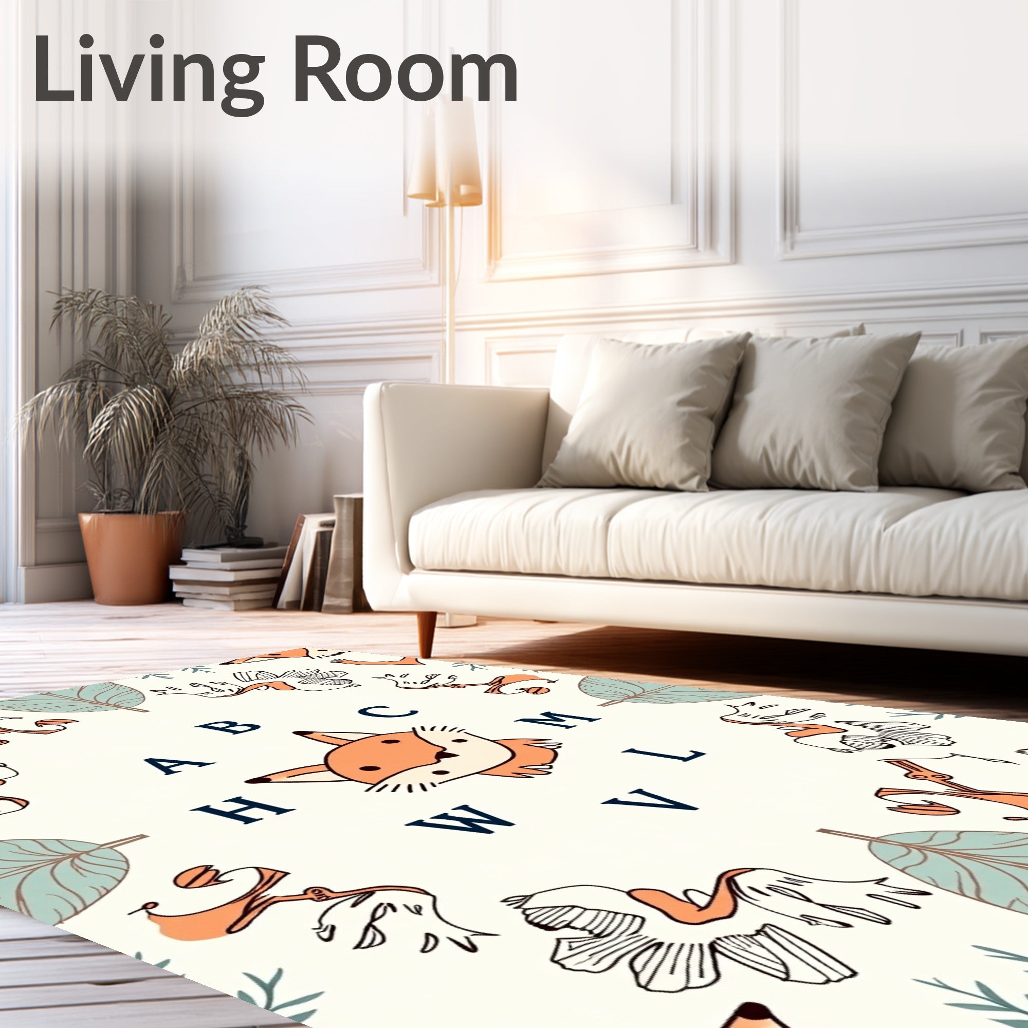 Whimsical Fox Floral Alphabet Cream Rug