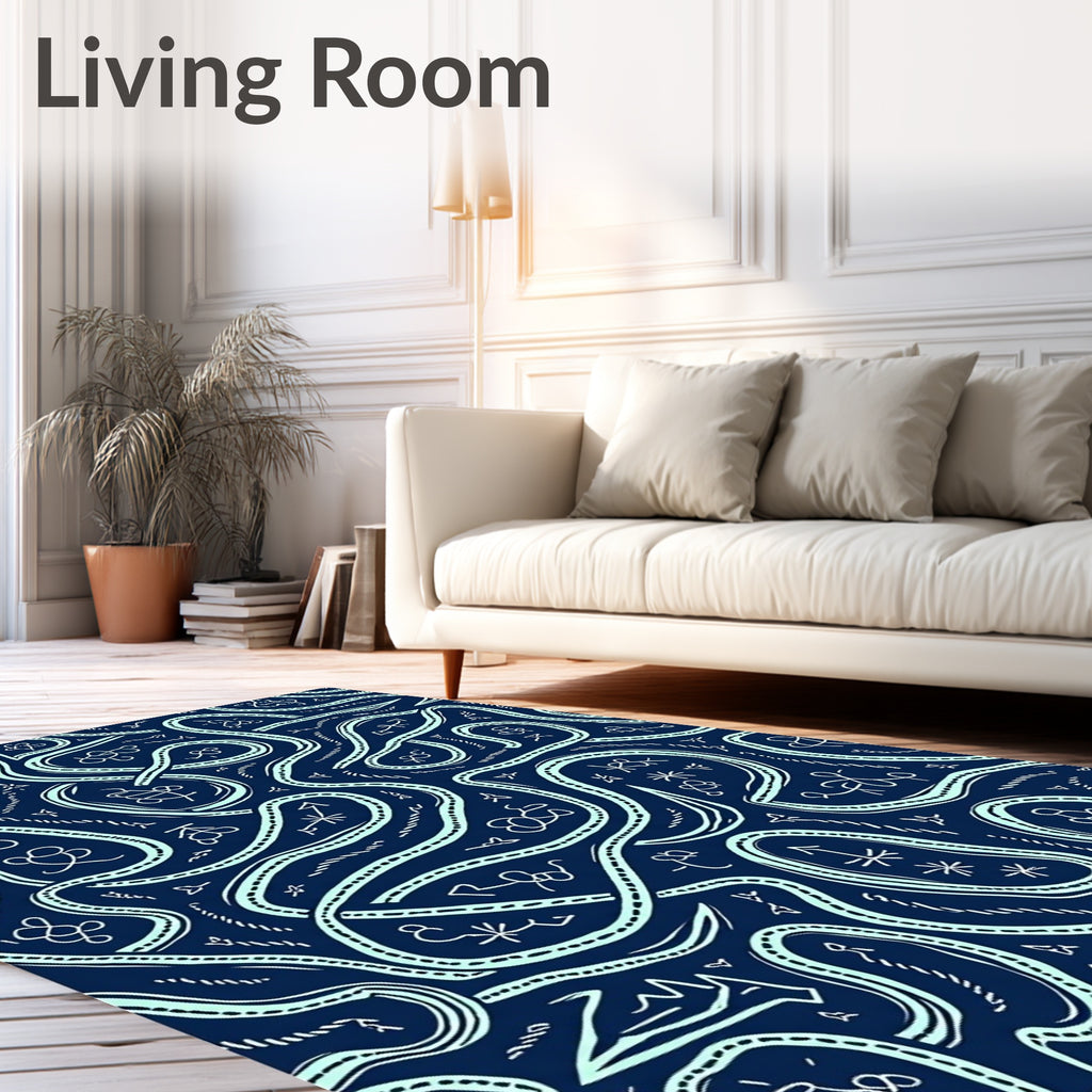 Navy Cyan Abstract Swirl Arrows Rug