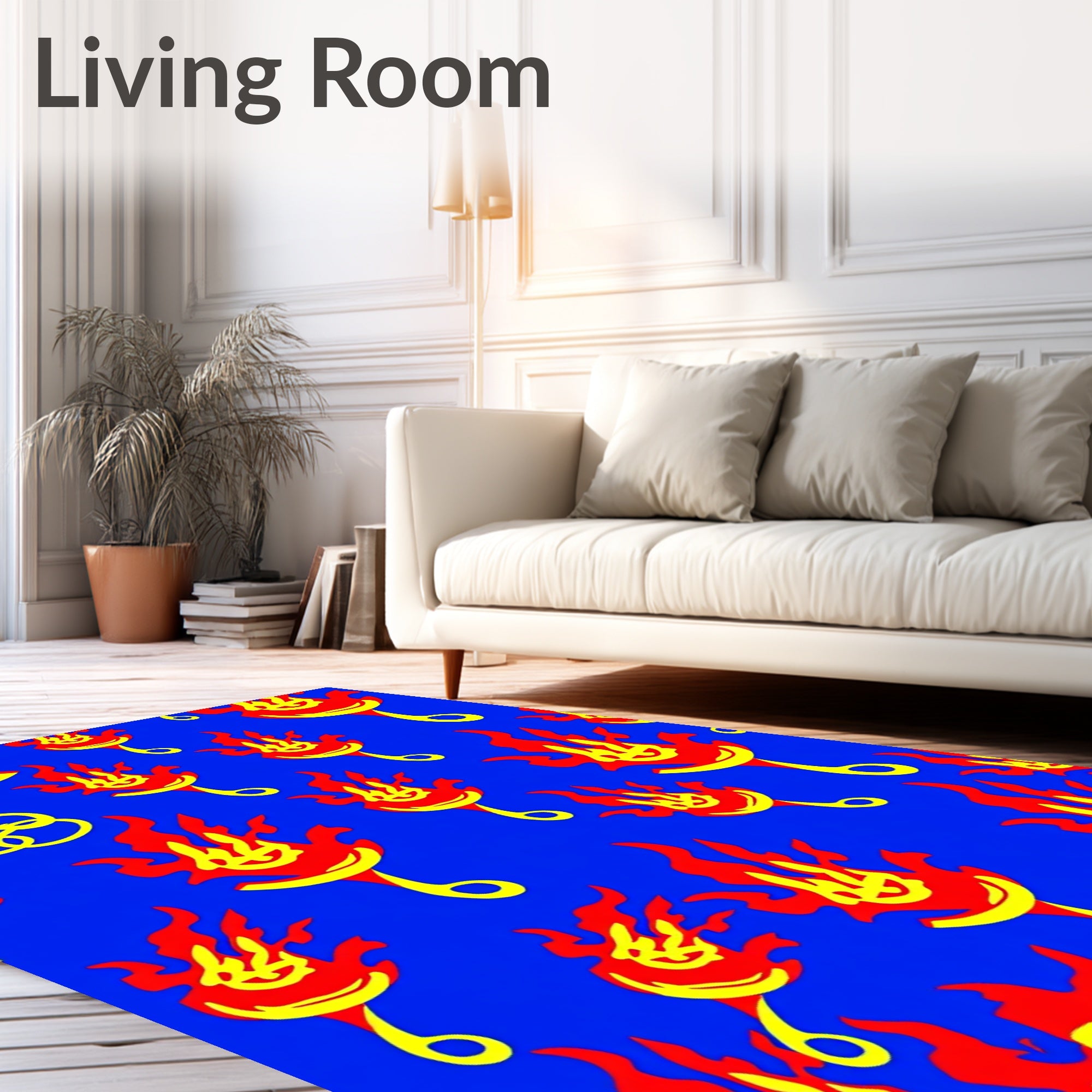 Red Yellow Flame Figures Blue Background Rug