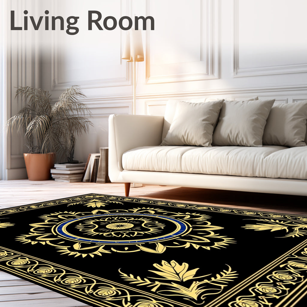 Golden Blue Circular Floral Border Rug