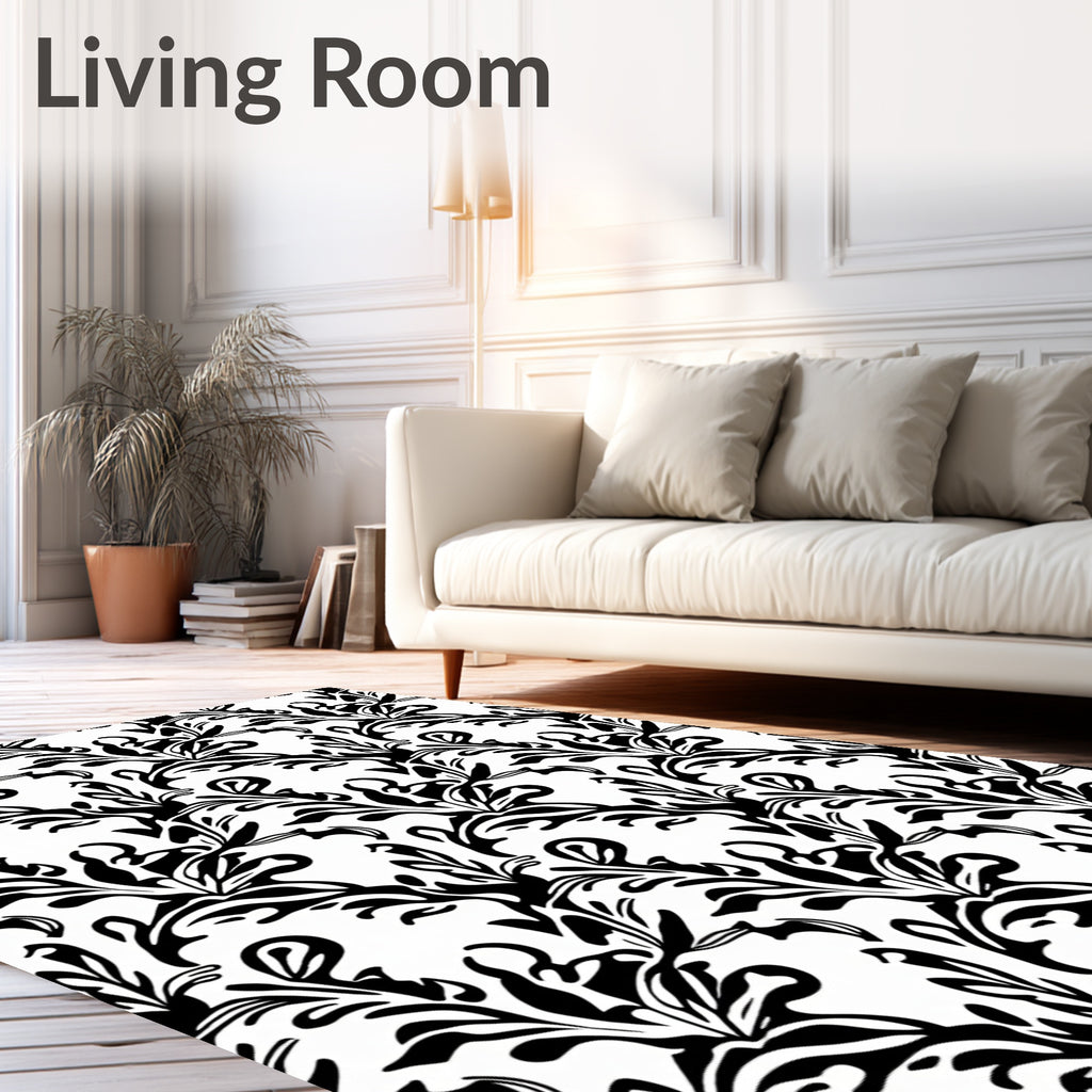Elegant Black White Flourish Vine Rug