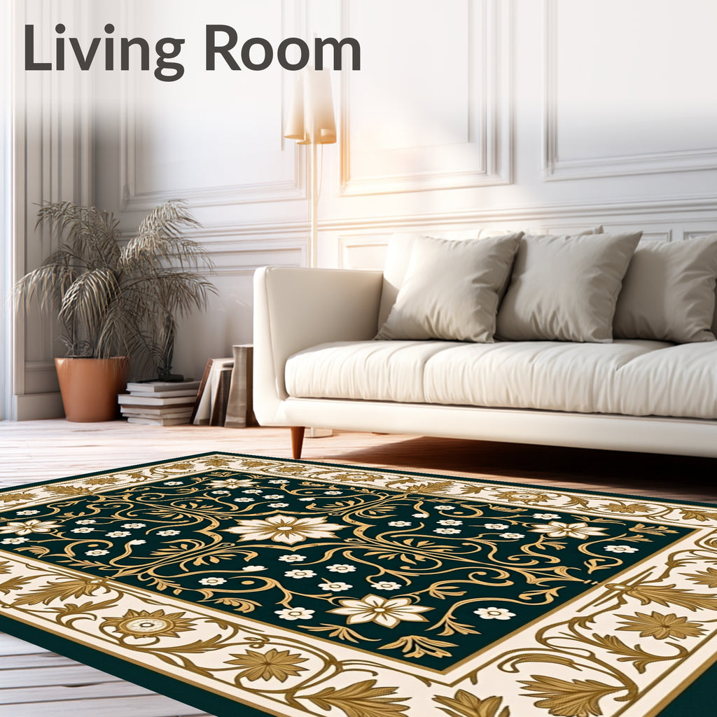 Deep Teal Floral Scroll Work Rug