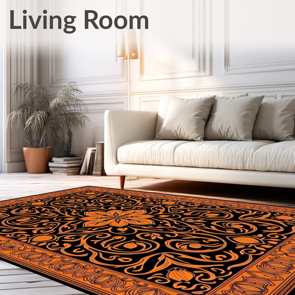 Black Orange Floral Medallion Border Rug