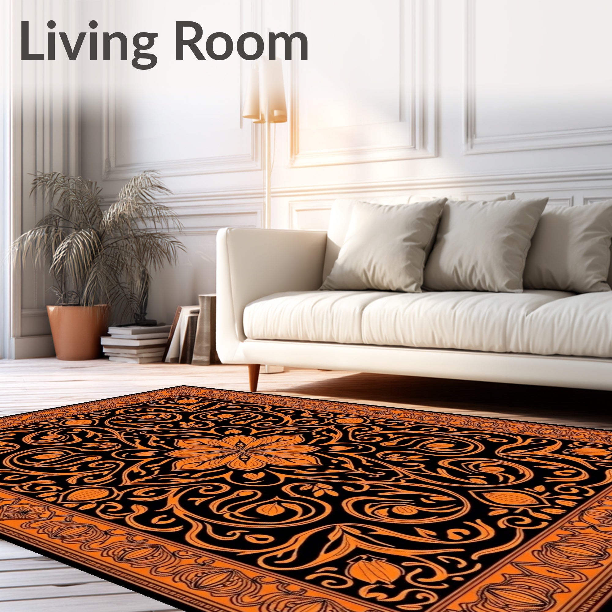 Black Orange Floral Medallion Border Rug