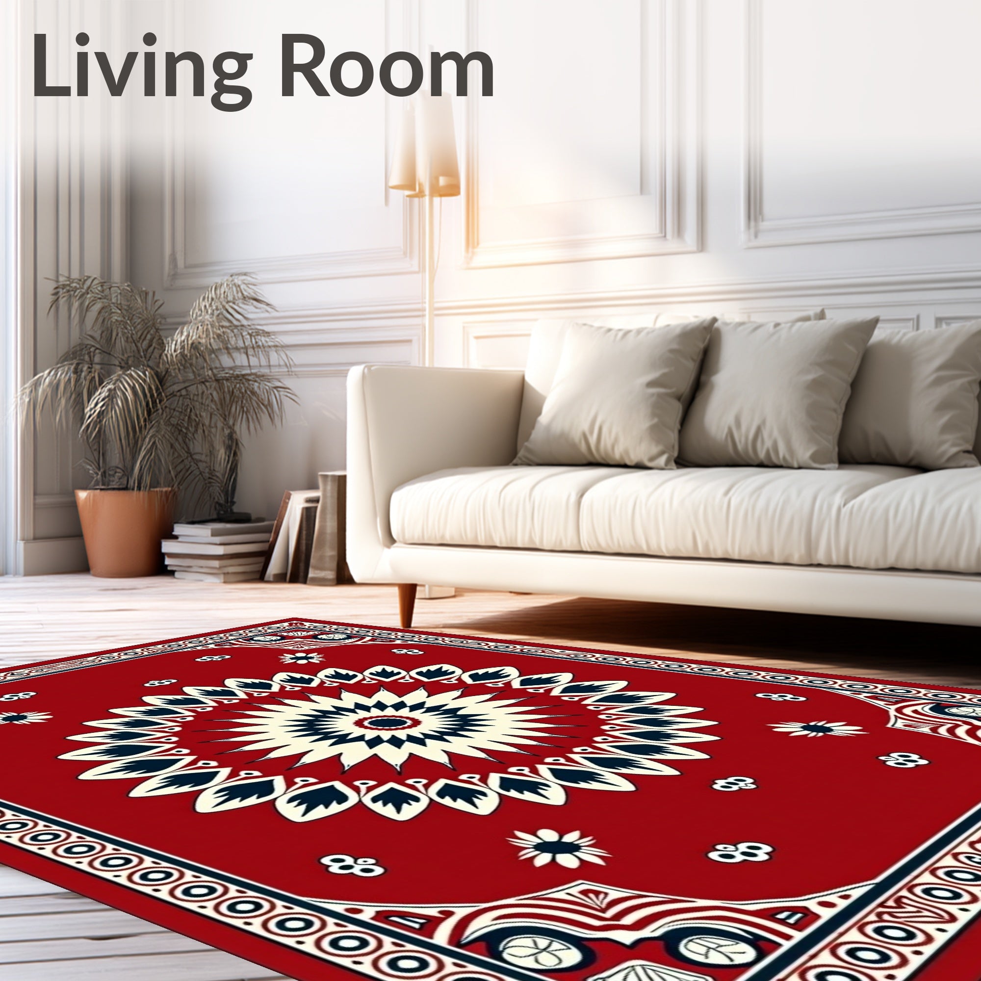 Crimson Starburst Floral Border Rug
