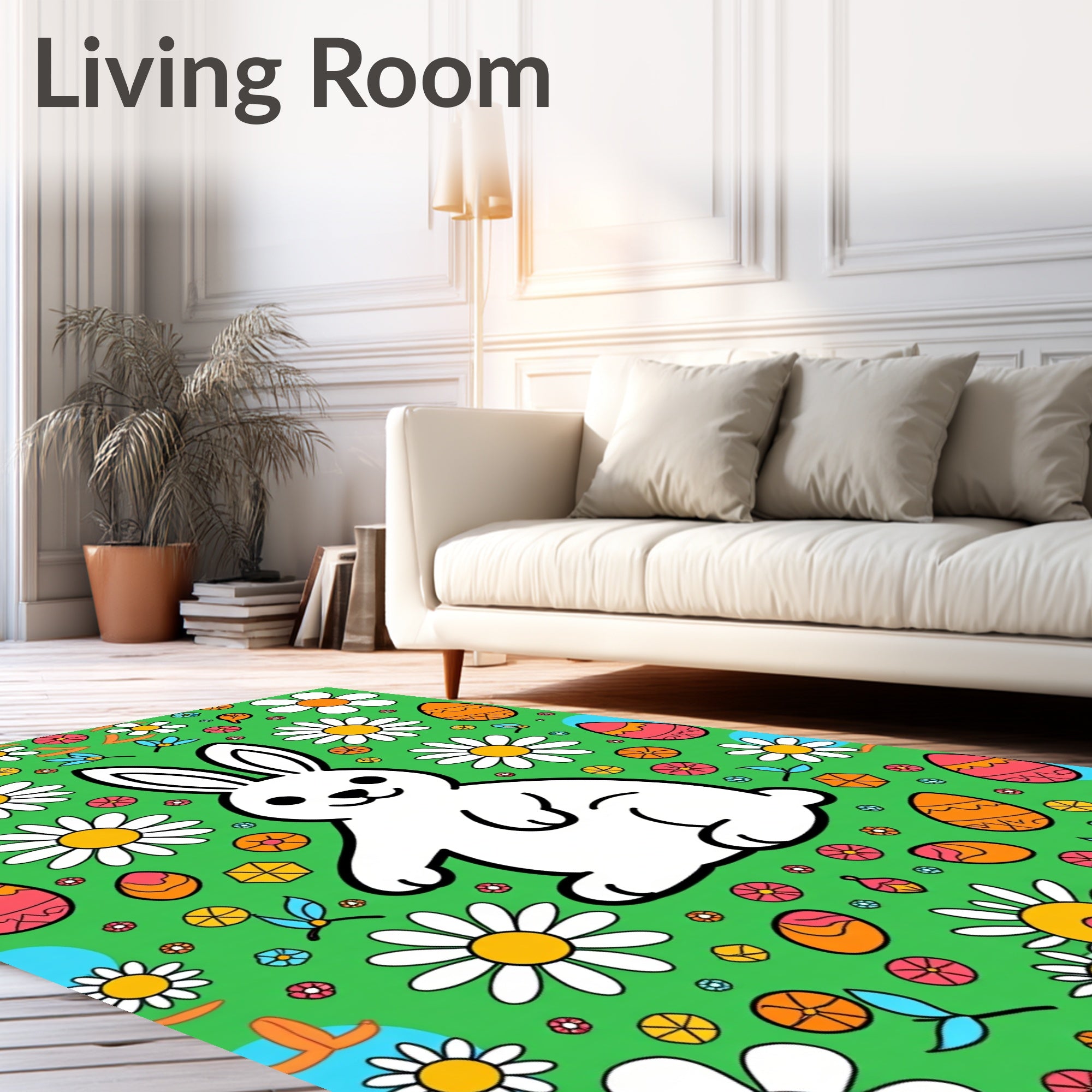 Whimsical White Bunny Garden Eggs Rug