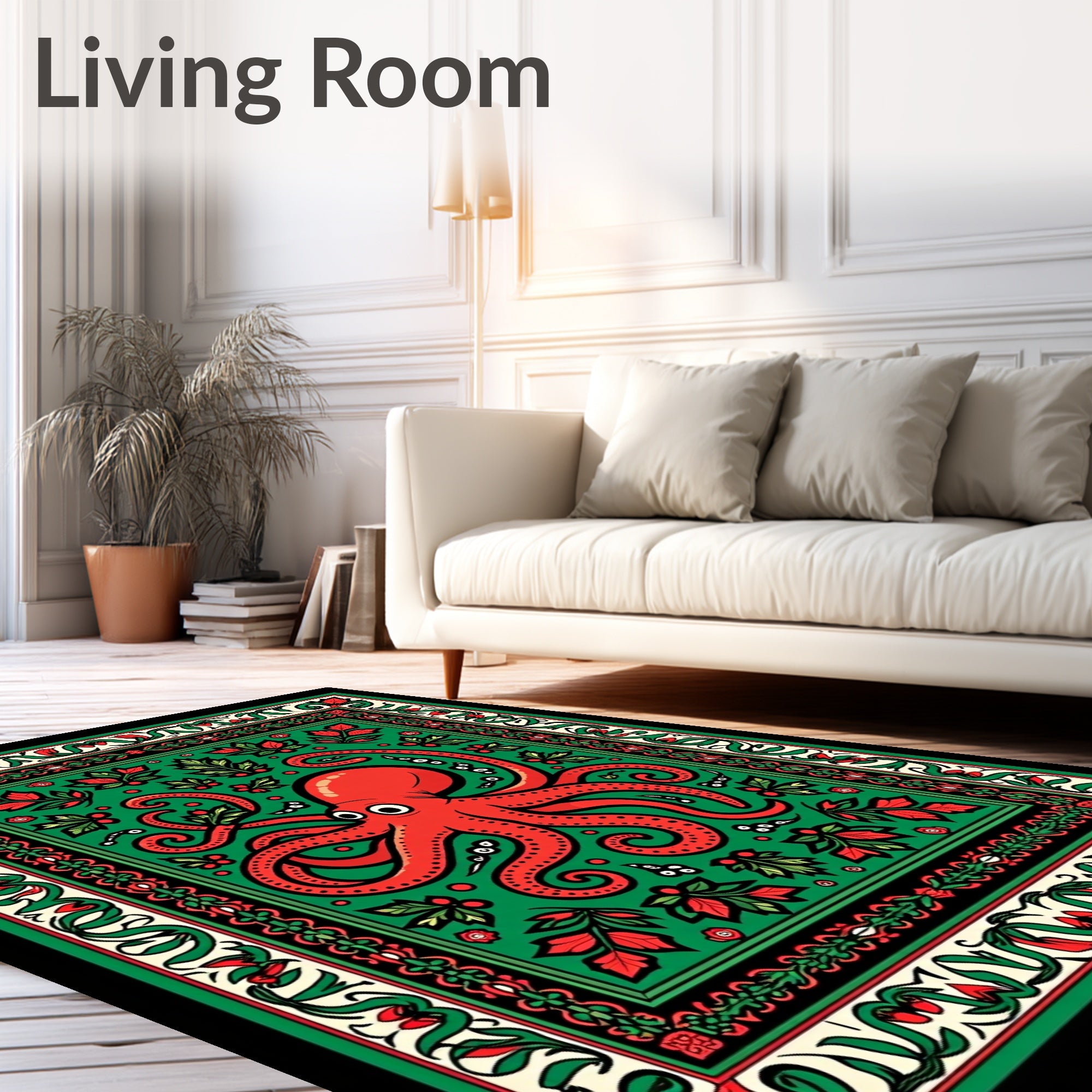 Red Octopus Green Floral Border Rug