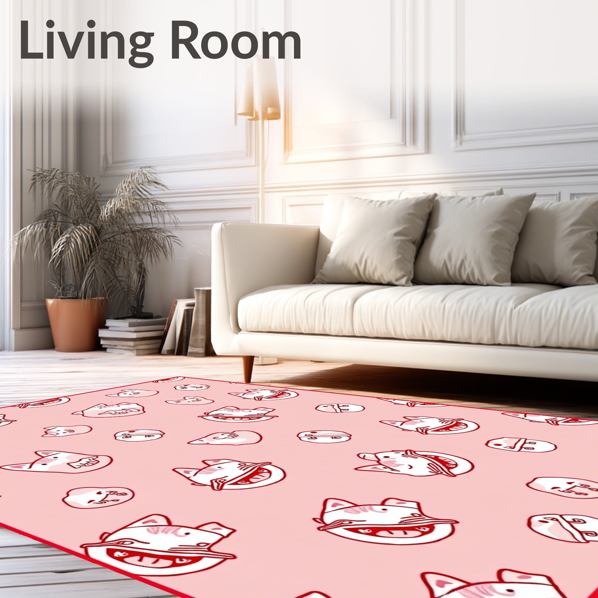 Whimsical Red Cat Faces Pink Rug