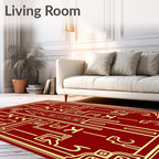 Deep Red Golden Geometric Frame Rug