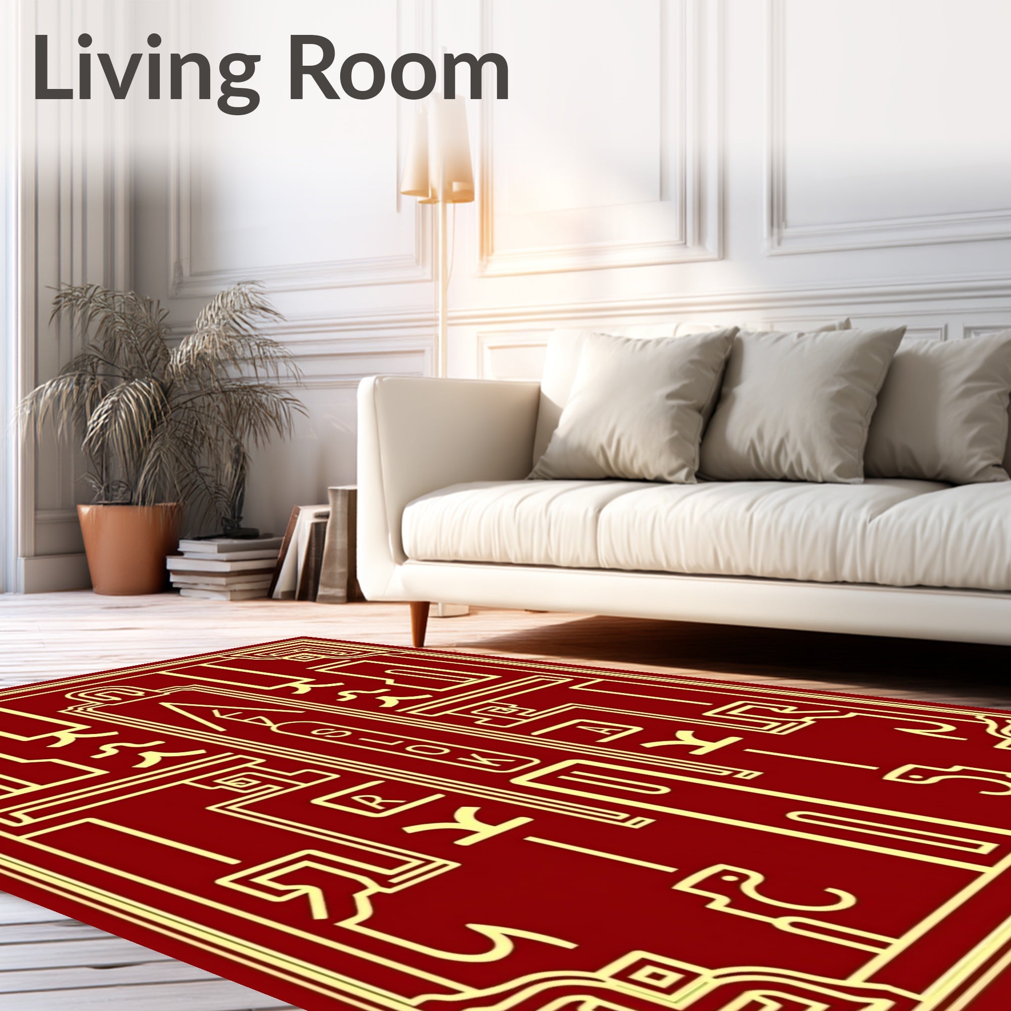 Deep Red Golden Geometric Frame Rug