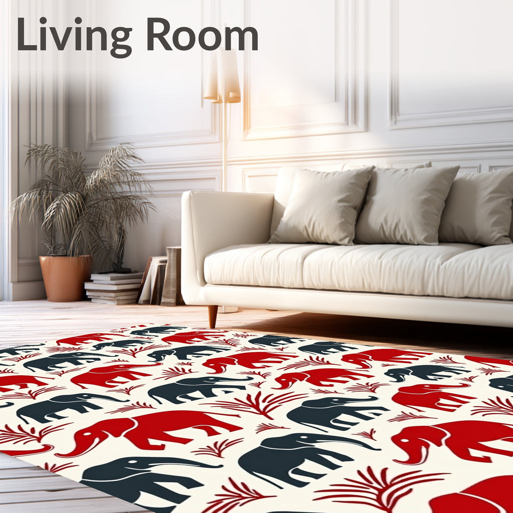 Red And Navy Elephants On Cream Rug