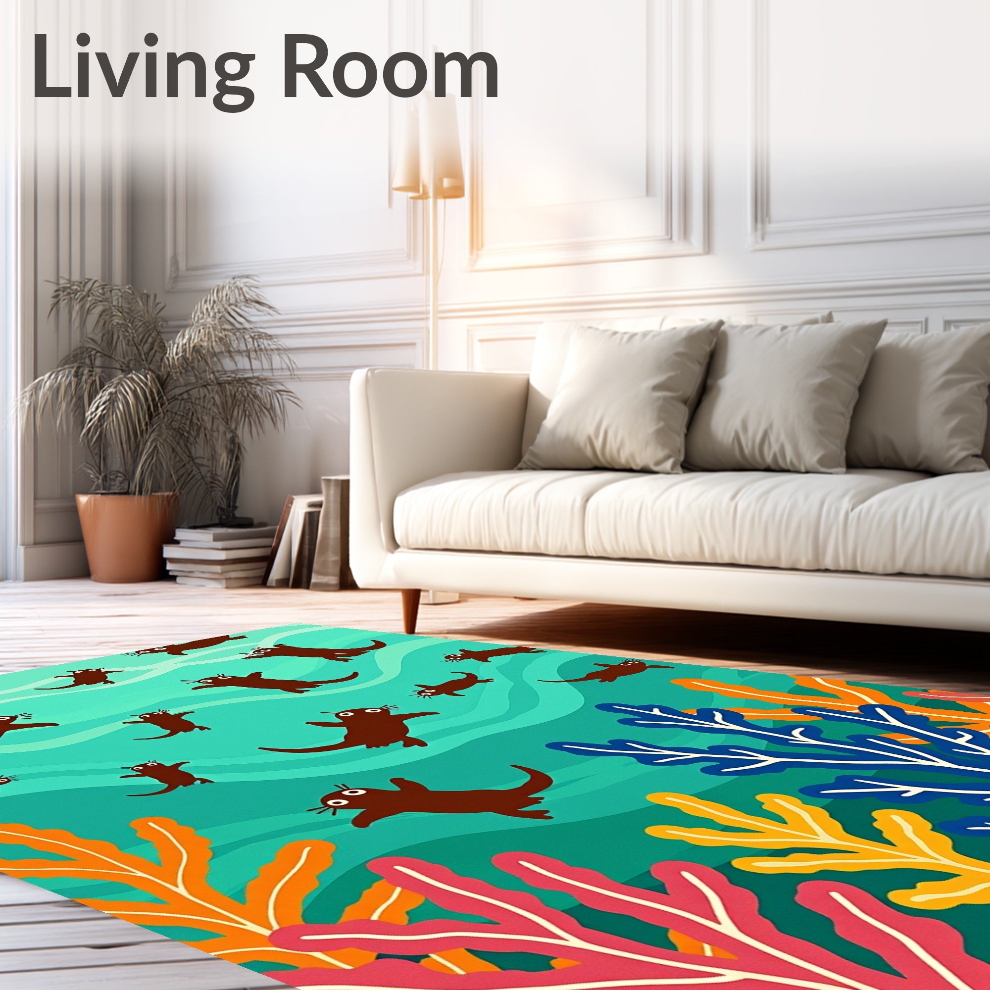 Playful Brown Otters Underwater Coral Garden Rug