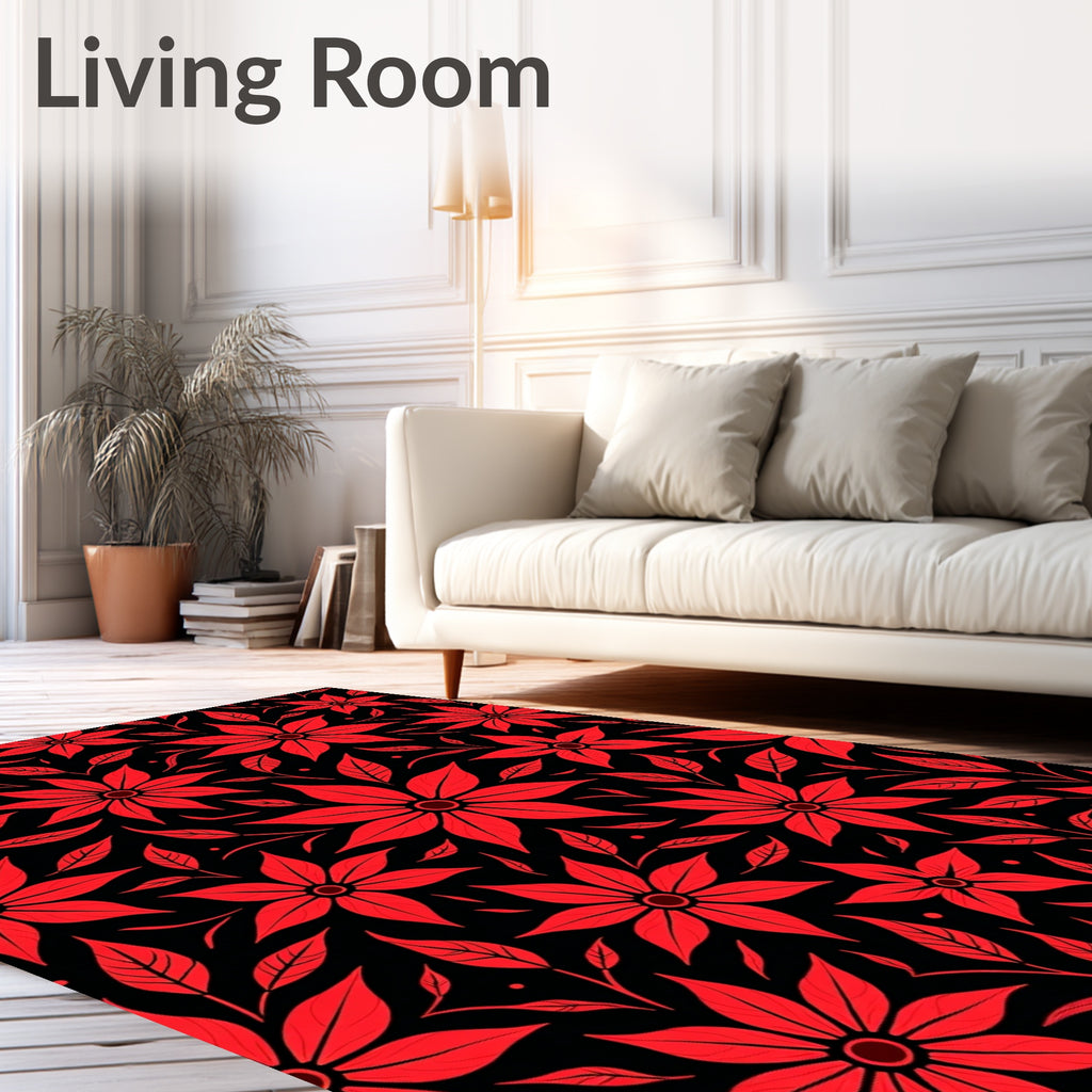 Crimson Floral Vines Black Rug