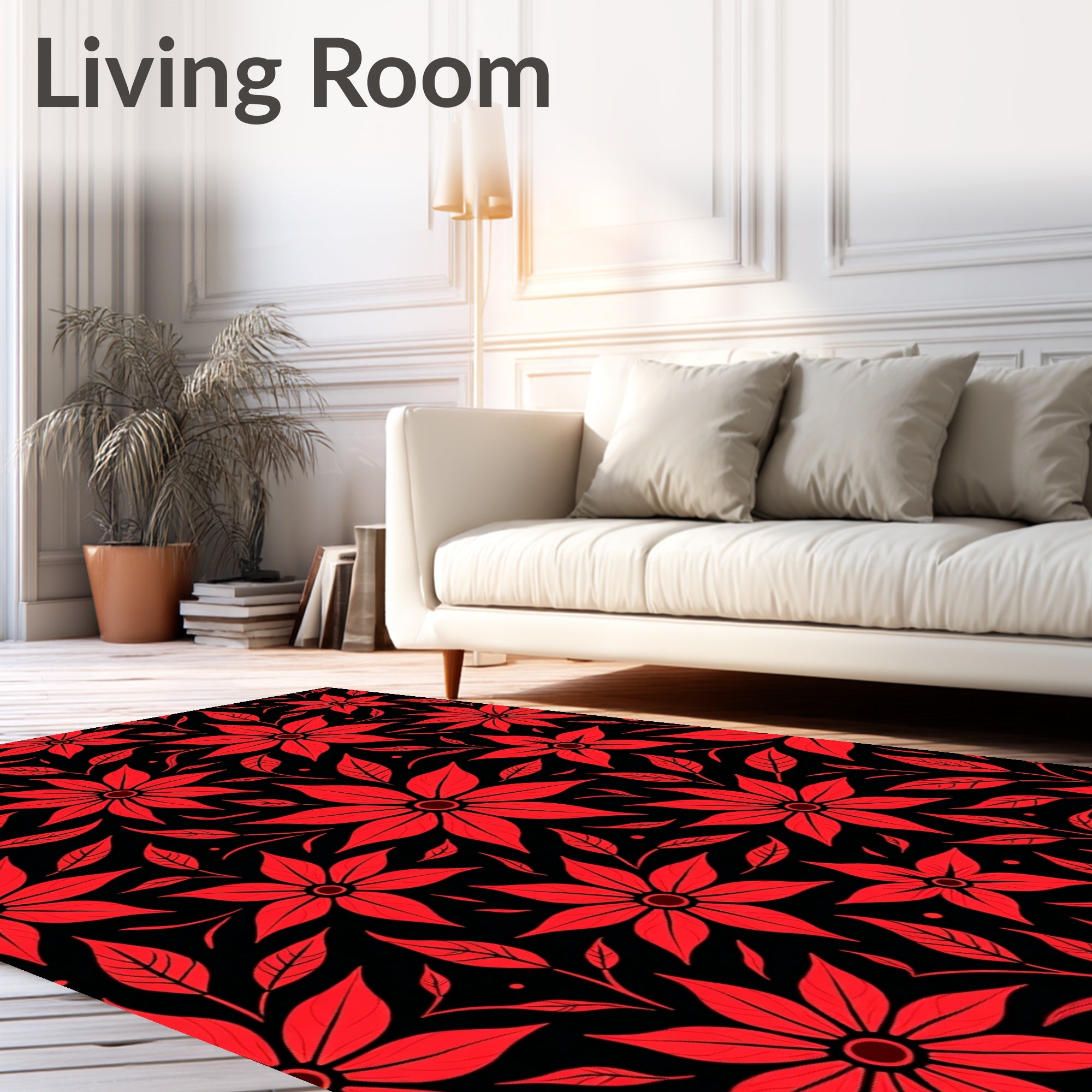 Crimson Floral Vines Black Rug