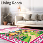 Pink Meadow Village Countryside Scene Rug