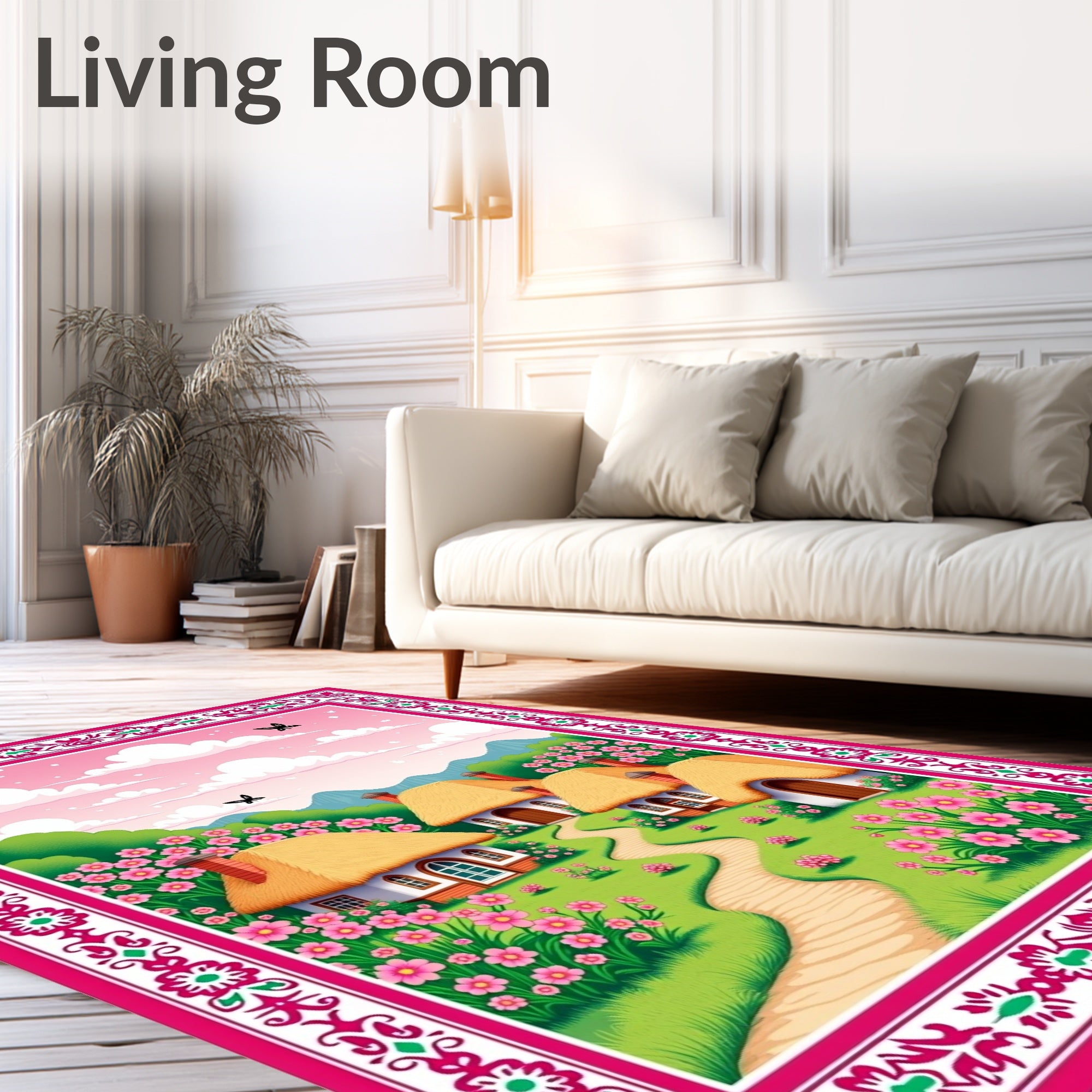 Pink Meadow Village Countryside Scene Rug