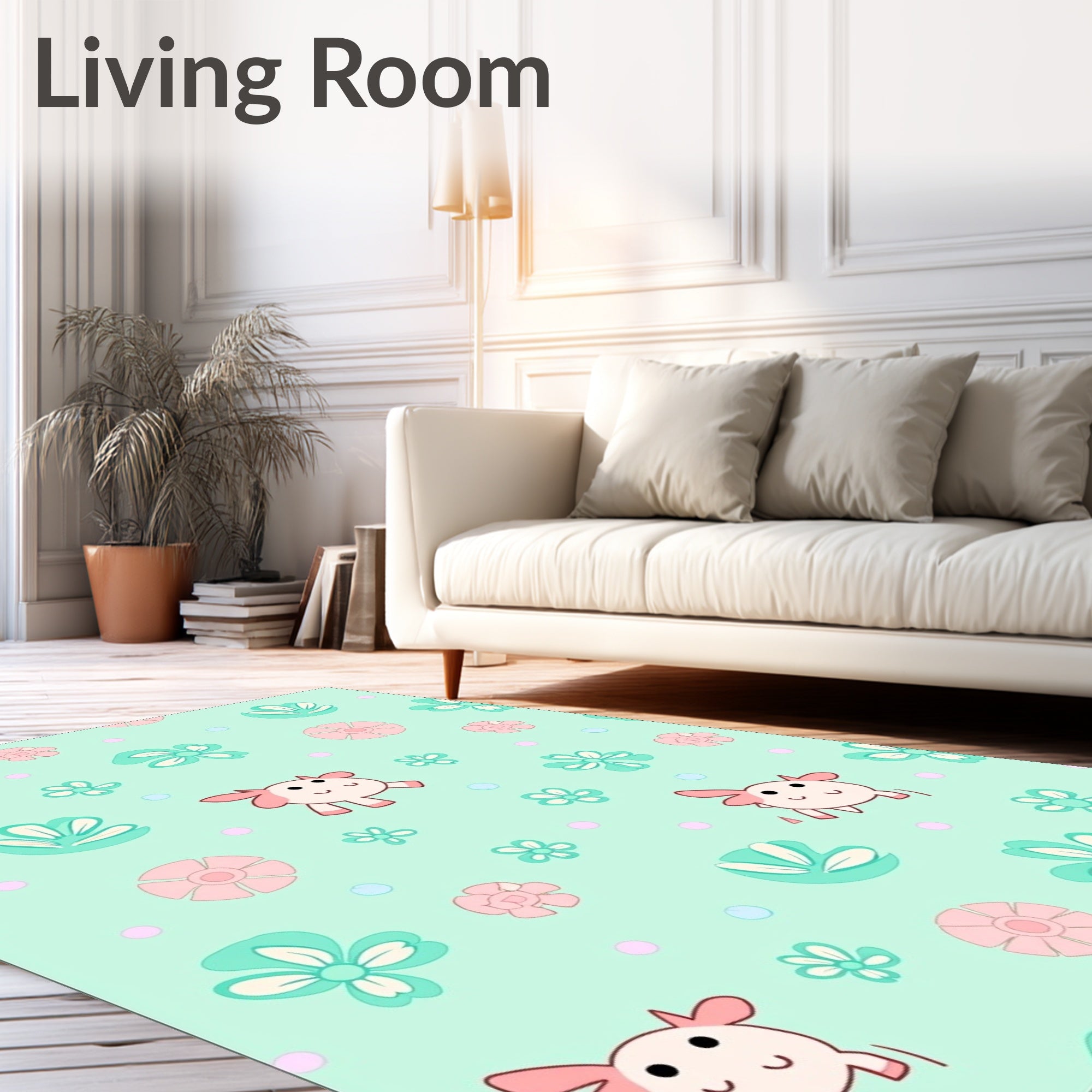 Cute Pink Cow Floral Mint Background Rug