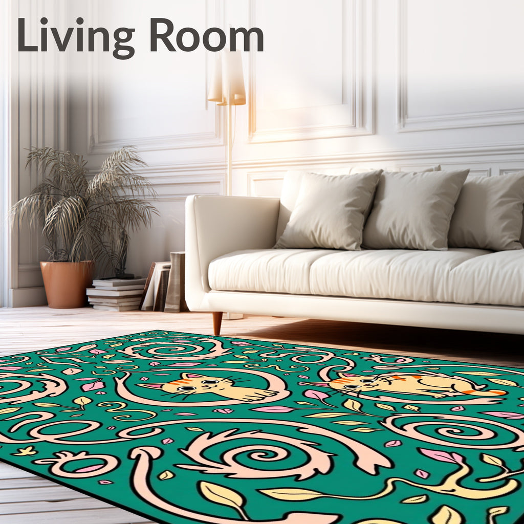 Whimsical Cream Cats Floral Swirl Green Rug